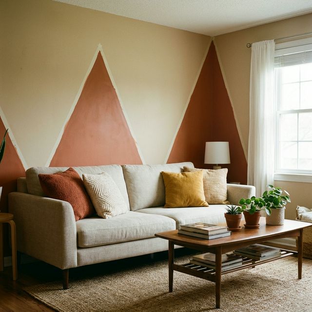 Living room with DIY geometric accent wall using painter's tape in warm terracotta tones