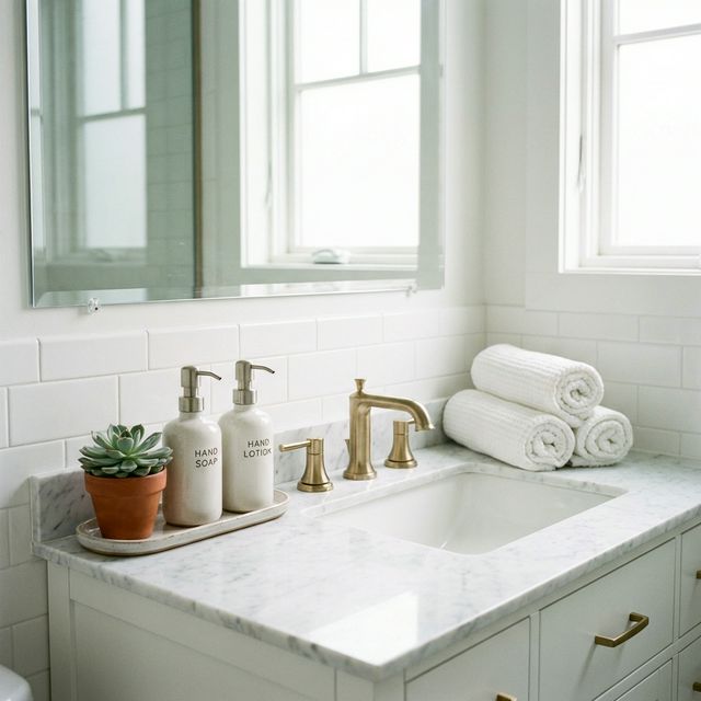 Organized bathroom vanity with ceramic tray, matching pump dispensers, succulent, and rolled towels