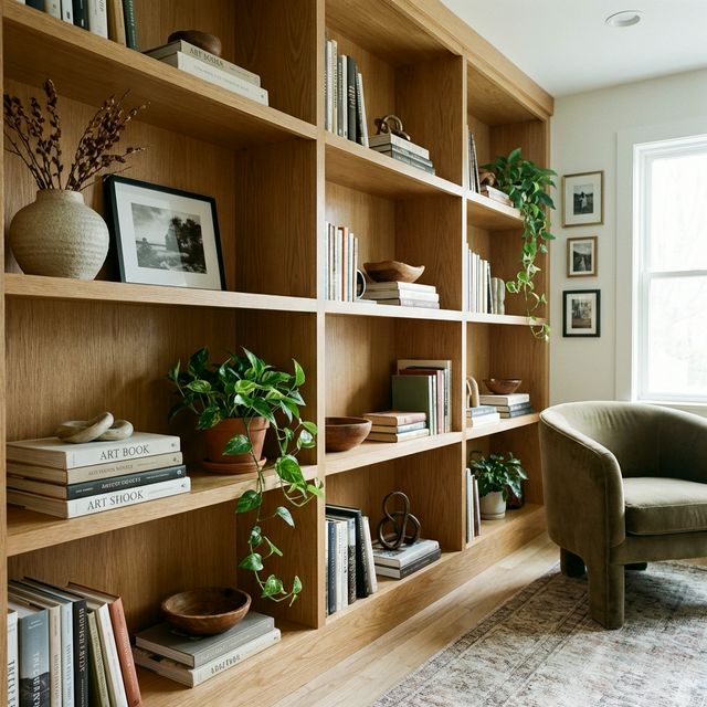 Styled bookshelf with books, plants, and decorative objects arranged on wooden shelving