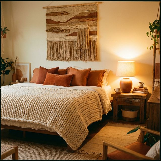 Cozy bedroom with warm earth-tone pillows, chunky knit blanket, and textured wall hanging
