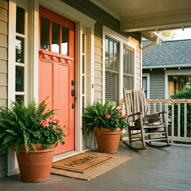 Front porch with coral painted door, potted ferns, woven doormat, and a rocking chair