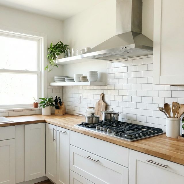 Kitchen with white subway tile peel-and-stick backsplash behind a gas stovetop