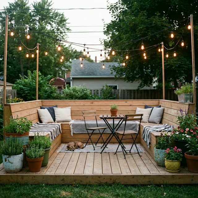 Small backyard deck with built-in bench seating, string lights, and potted plants