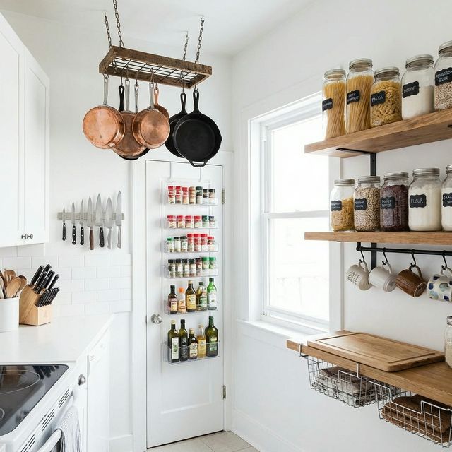Small kitchen with hanging pot rack, magnetic knife strip, open shelving with mason jars, and door organizer