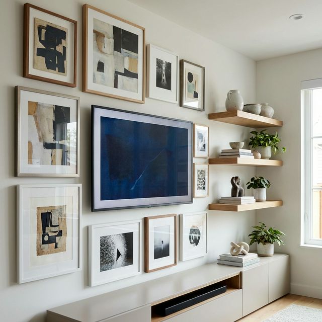 TV wall with gallery arrangement of framed art and floating shelves in a modern living room