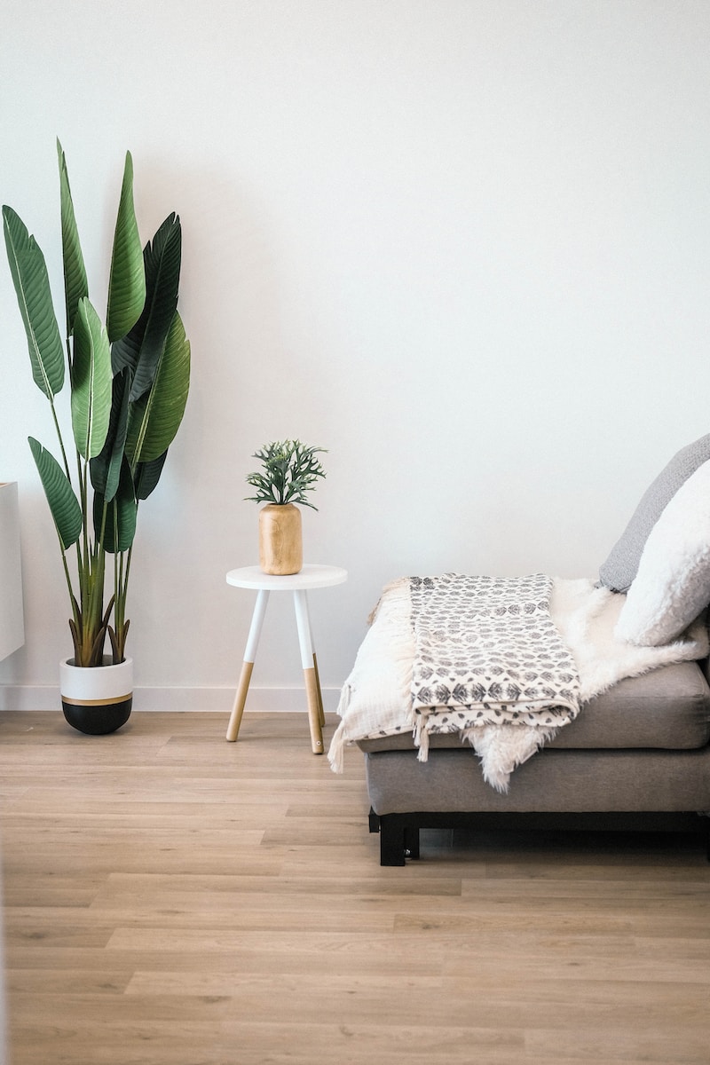 Natural bedroom decor with green leaf plant and earthy textures